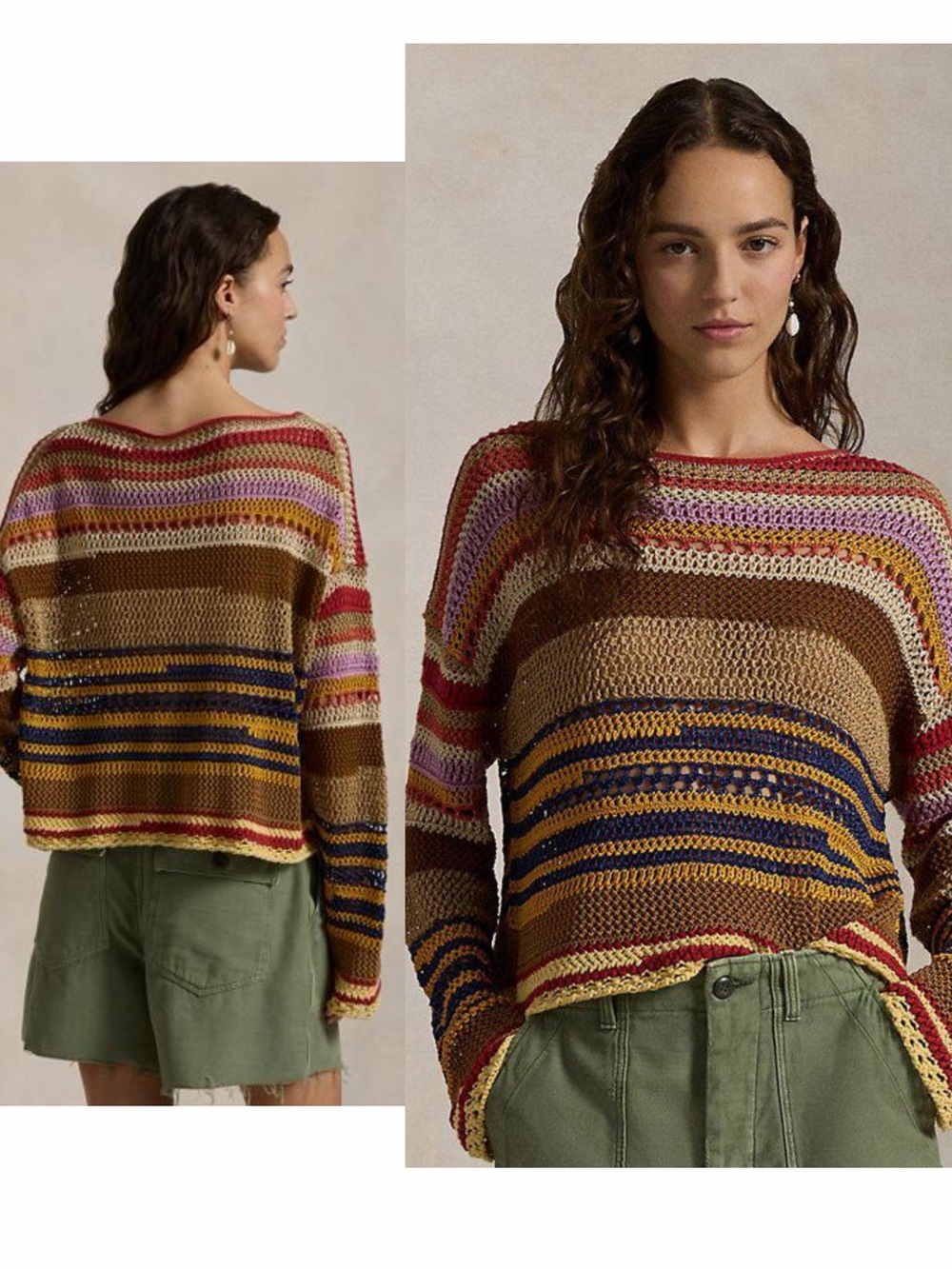 Polo Ralph Lauren Striped Linen-Cotton Crocheted Jumper Size L NWT